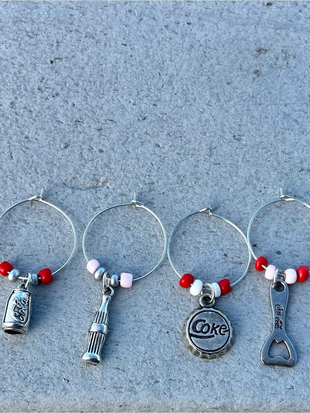 Homemade Coca Cola Wine Charms Silver with Red, Pink & White Beads